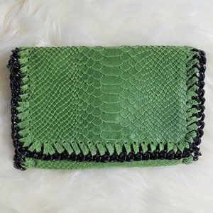 NWOT Made In Italy Green Snakeskin Leather Chain Edge & Strap Clutch Sling Bag